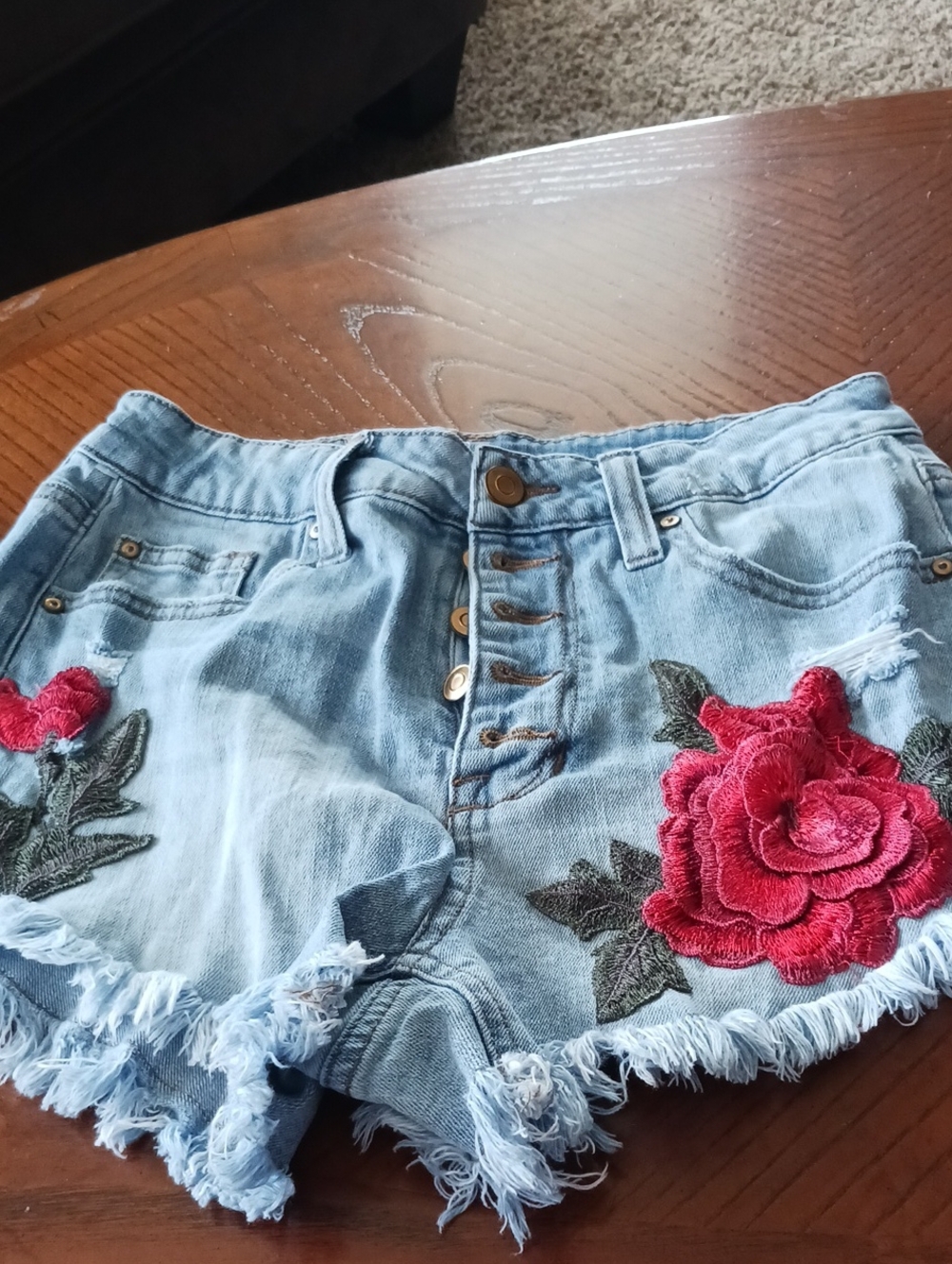 No Boundaries Light Blue Denim Button-Front Shorts with Red Rose Embroidery
